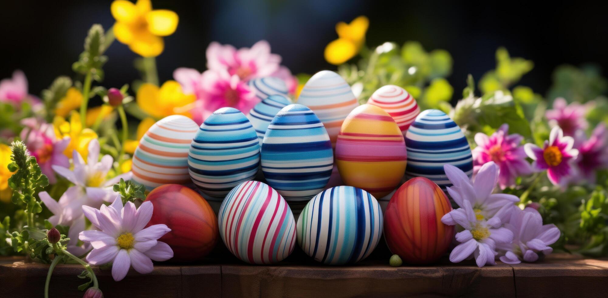 AI generated colorful eggs sitting in grass with flowers photo