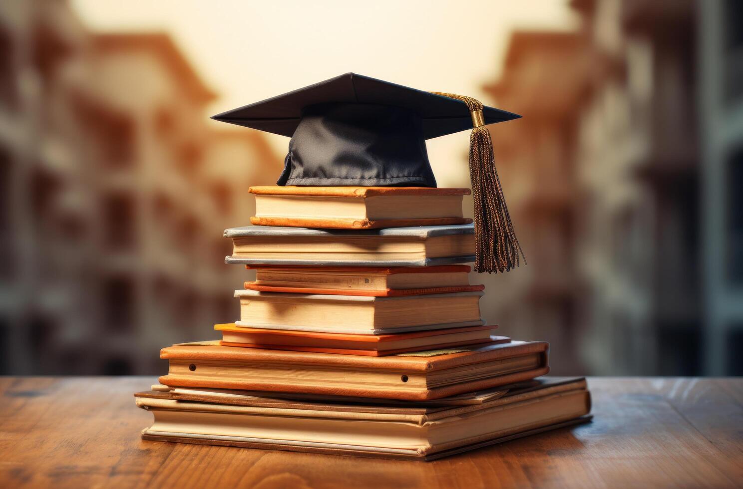 AI generated stacks of books with a graduation cap photo