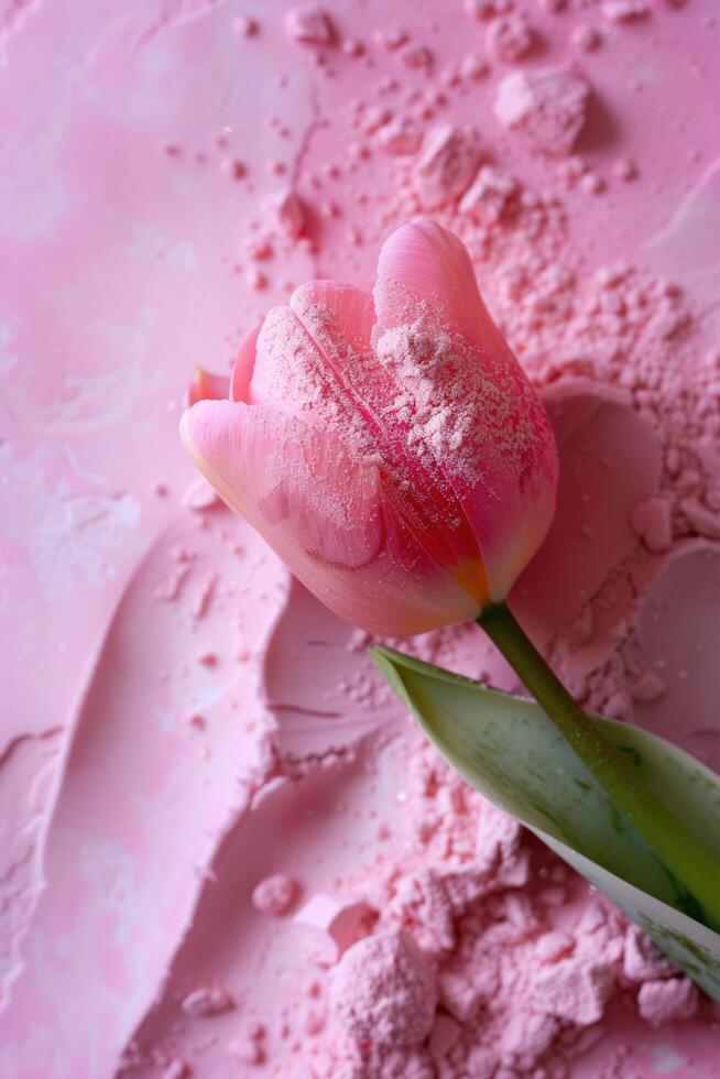 AI generated A stunning pink tulip rests on a bed of pink powder. photo