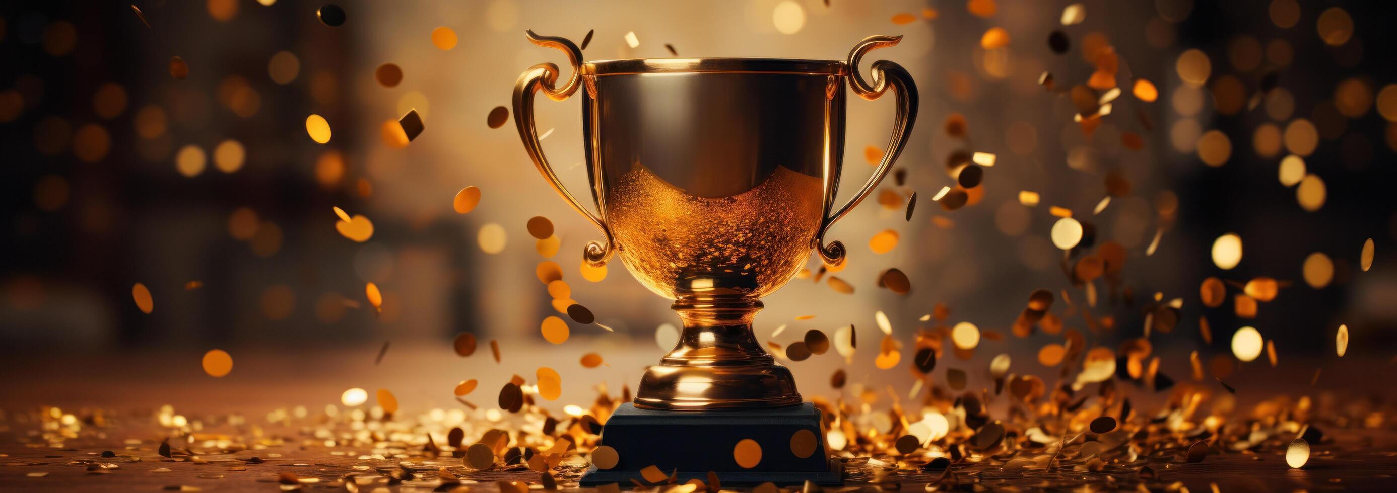 AI generated a golden cup on a wooden table, decorated with confetti photo
