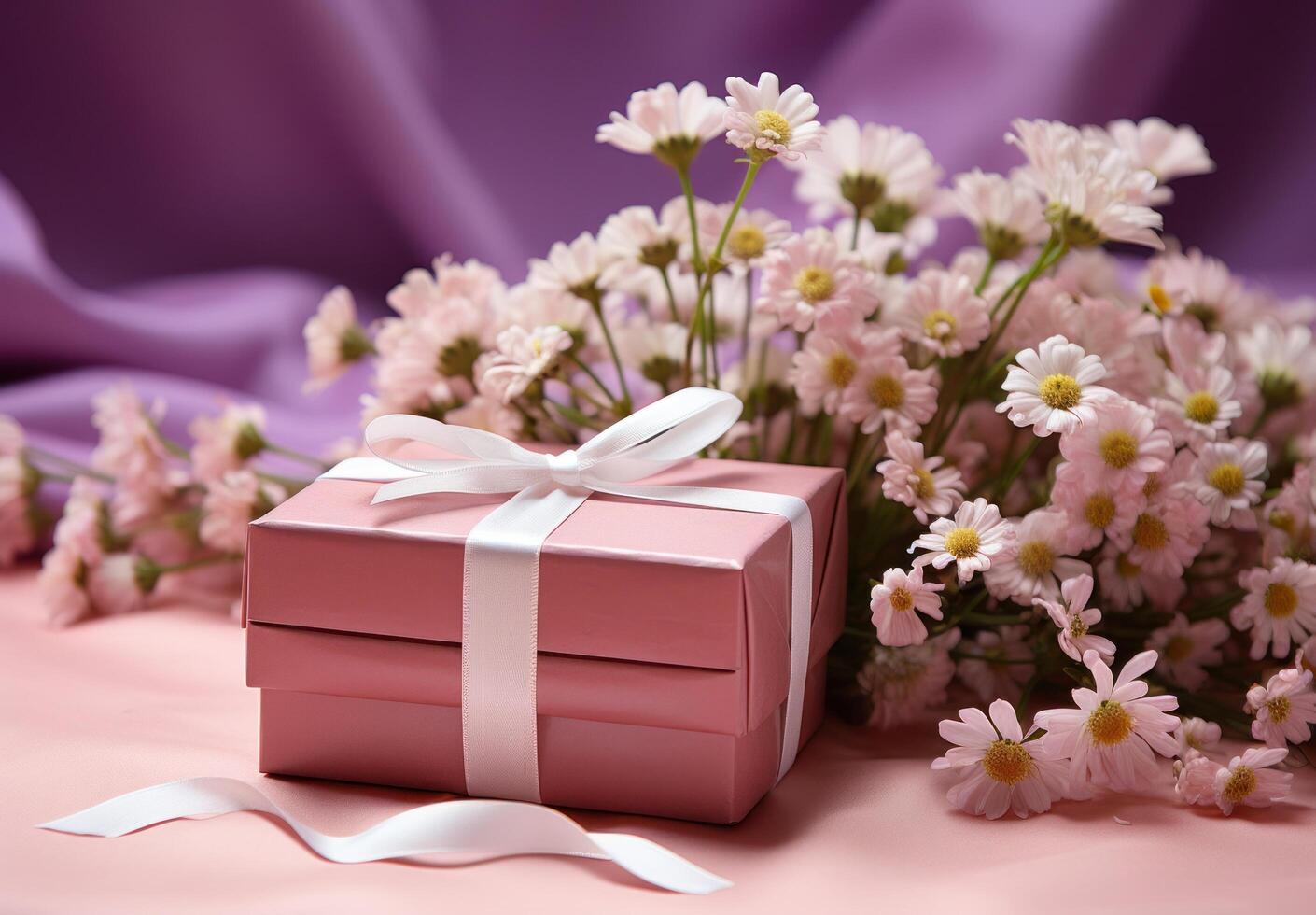 AI generated gift box containing gift and flowers on a pink background photo