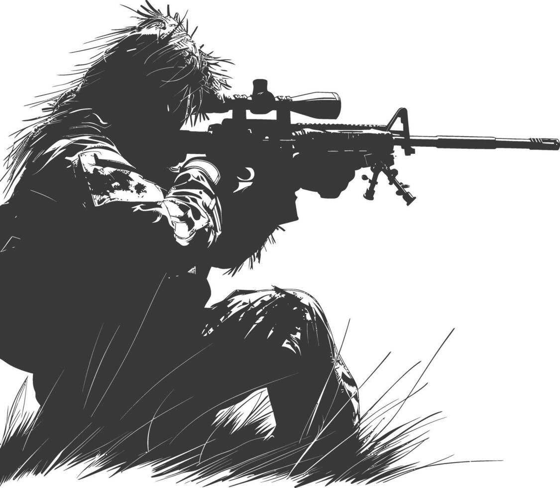 AI generated Silhouette sniper in action black color only full body vector