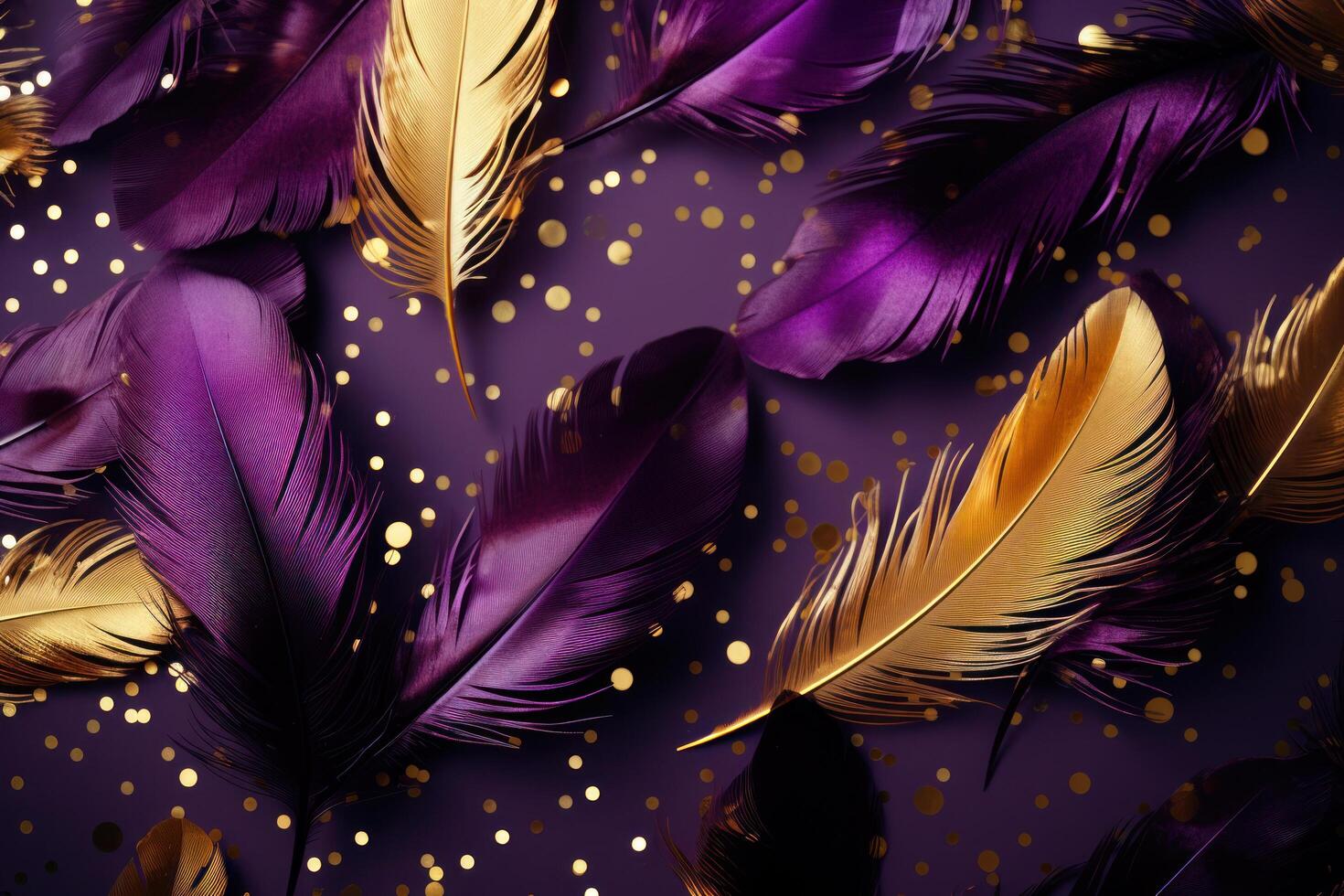 AI generated purple and gold feathers on purple background photo