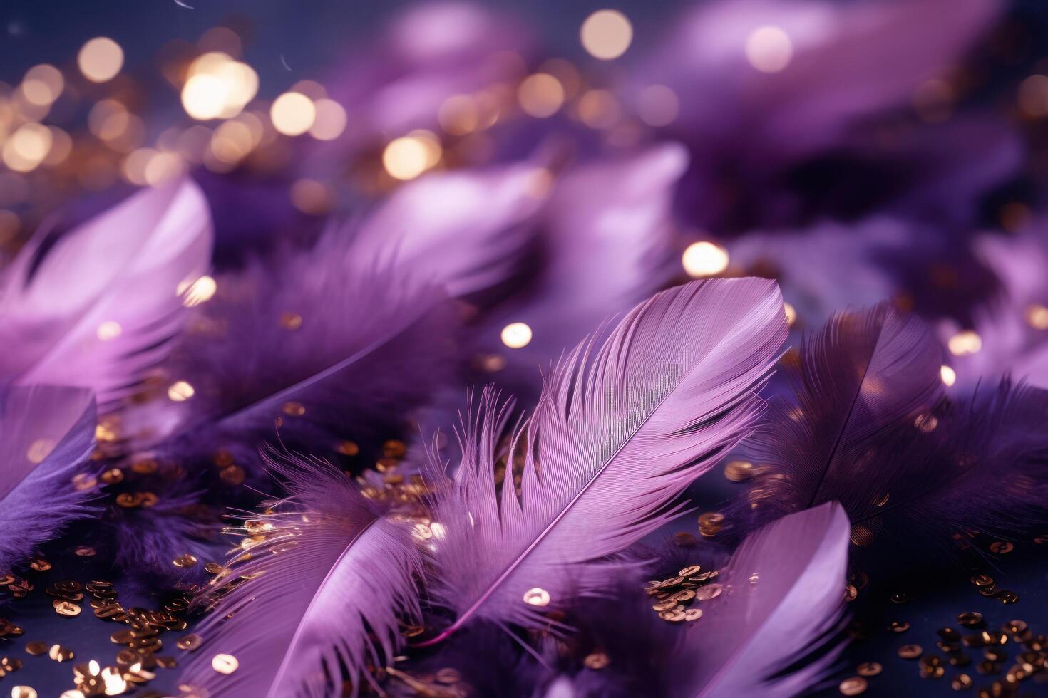 AI generated purple feathers and golden discs on a purple background photo