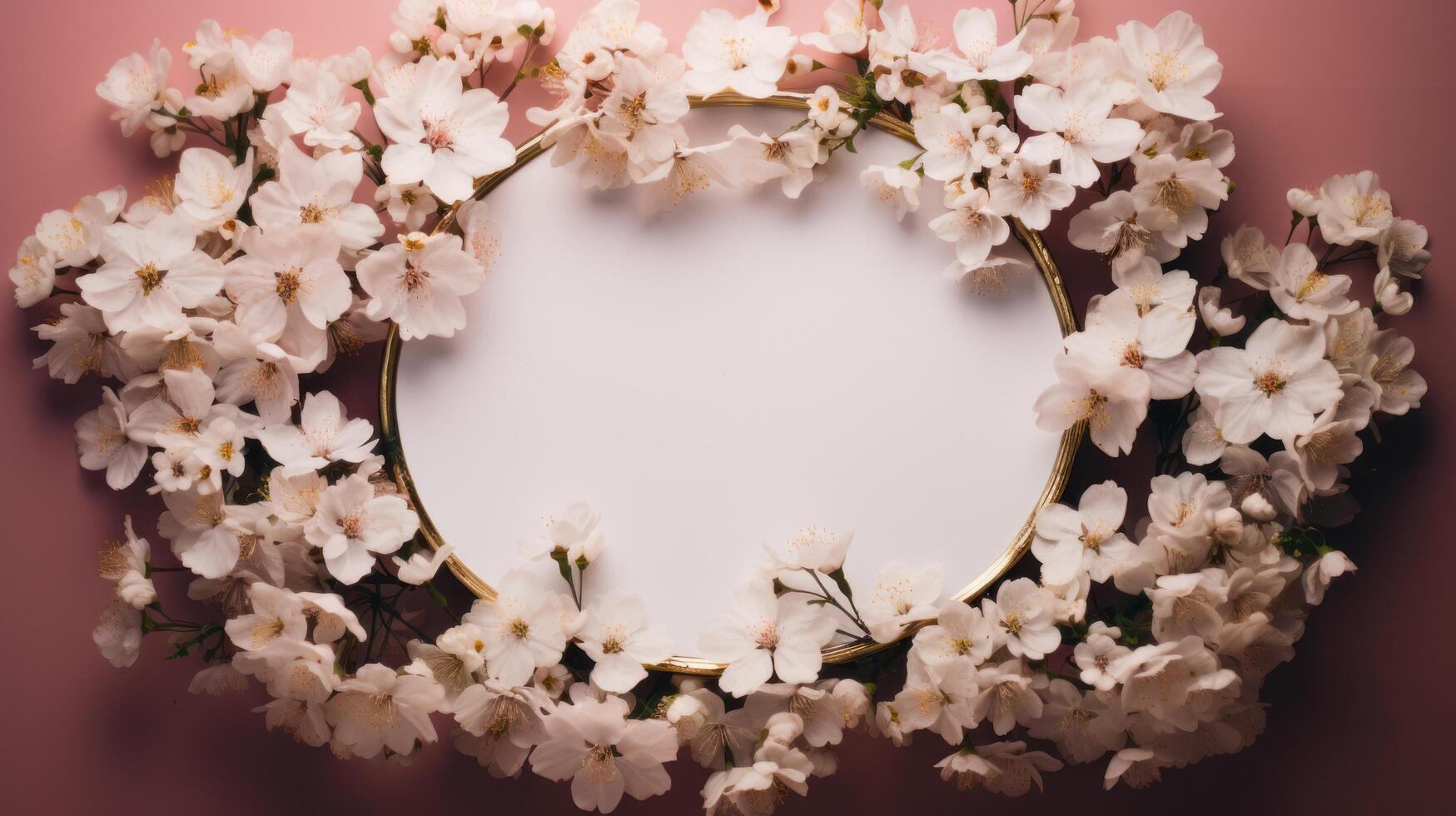 AI generated circle of white flowers on pink and green background photo