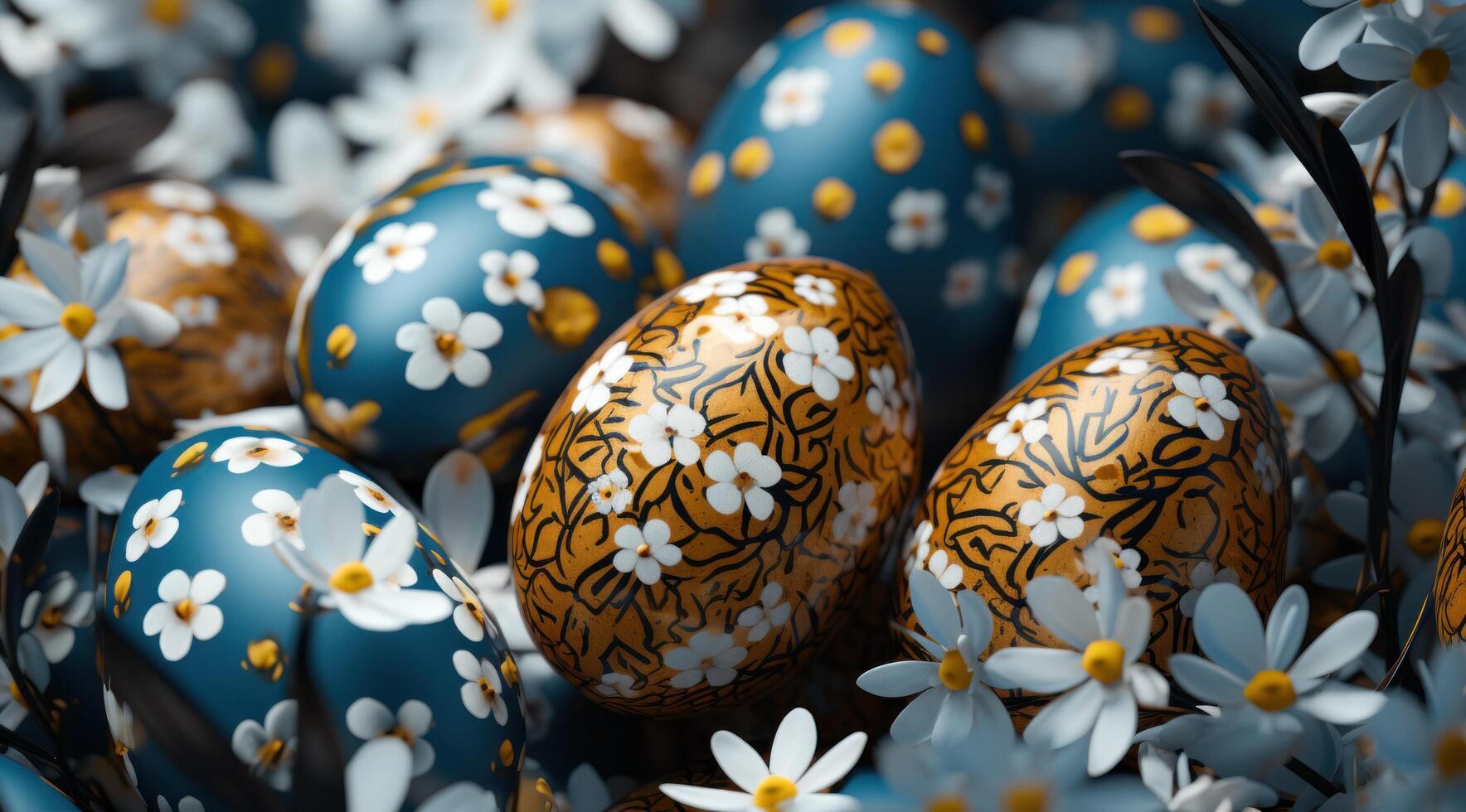 AI generated colorful and yellow easter eggs in a background of blue and white flowers photo