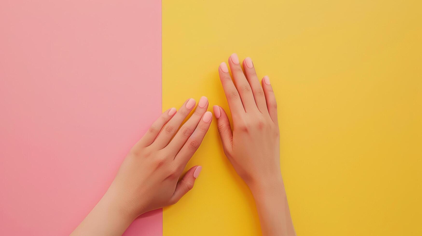 AI generated Female hands displaying a chic and fashionable pastel manicure against a yellow and pink duotone background photo