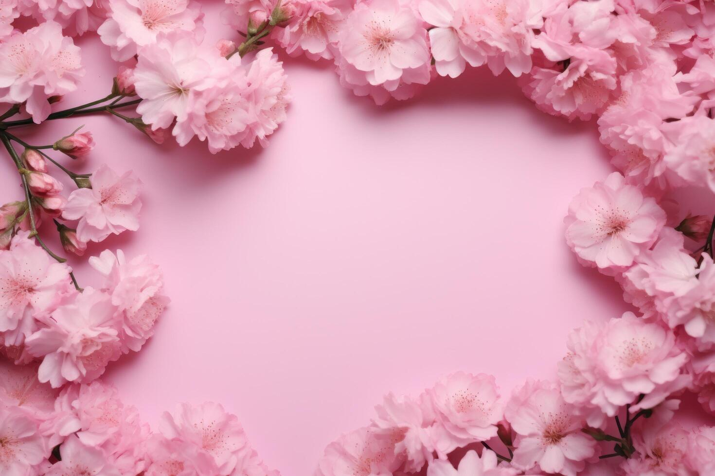 AI generated pink frames surrounded by pink carnations on a pink background photo