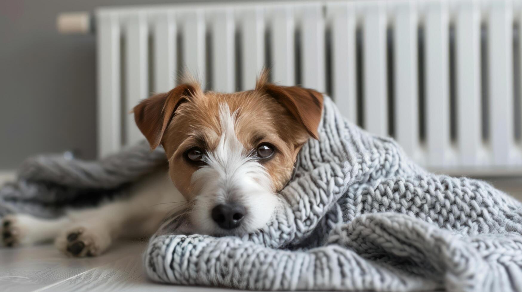 AI generated A cute dog is staying warm in the living room by snuggling under a blanket near the radiator. photo