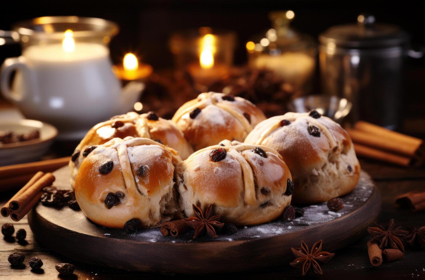 AI generated three raisin hot cross buns on top of a wooden surface photo