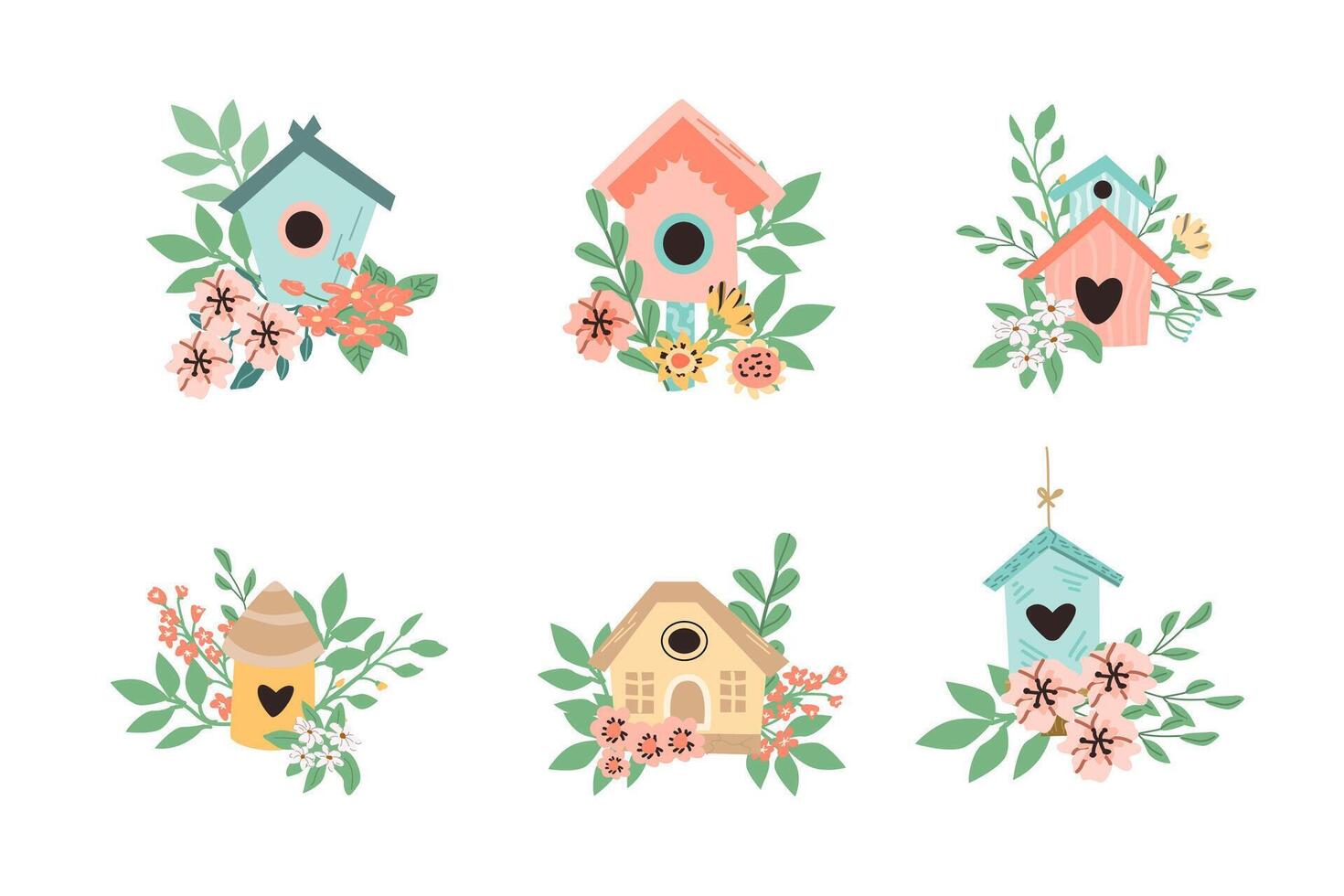 Hand drawn set of bird houses with floral elements. Vector illustration can used for greeting card, summer or spring decor. Cute birdhouses and bouquets.