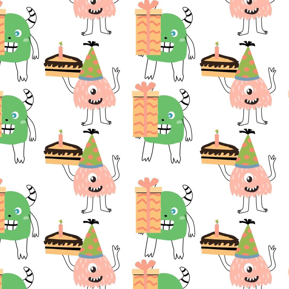 cute monsters with cake and box for wrapping paper pattern vector