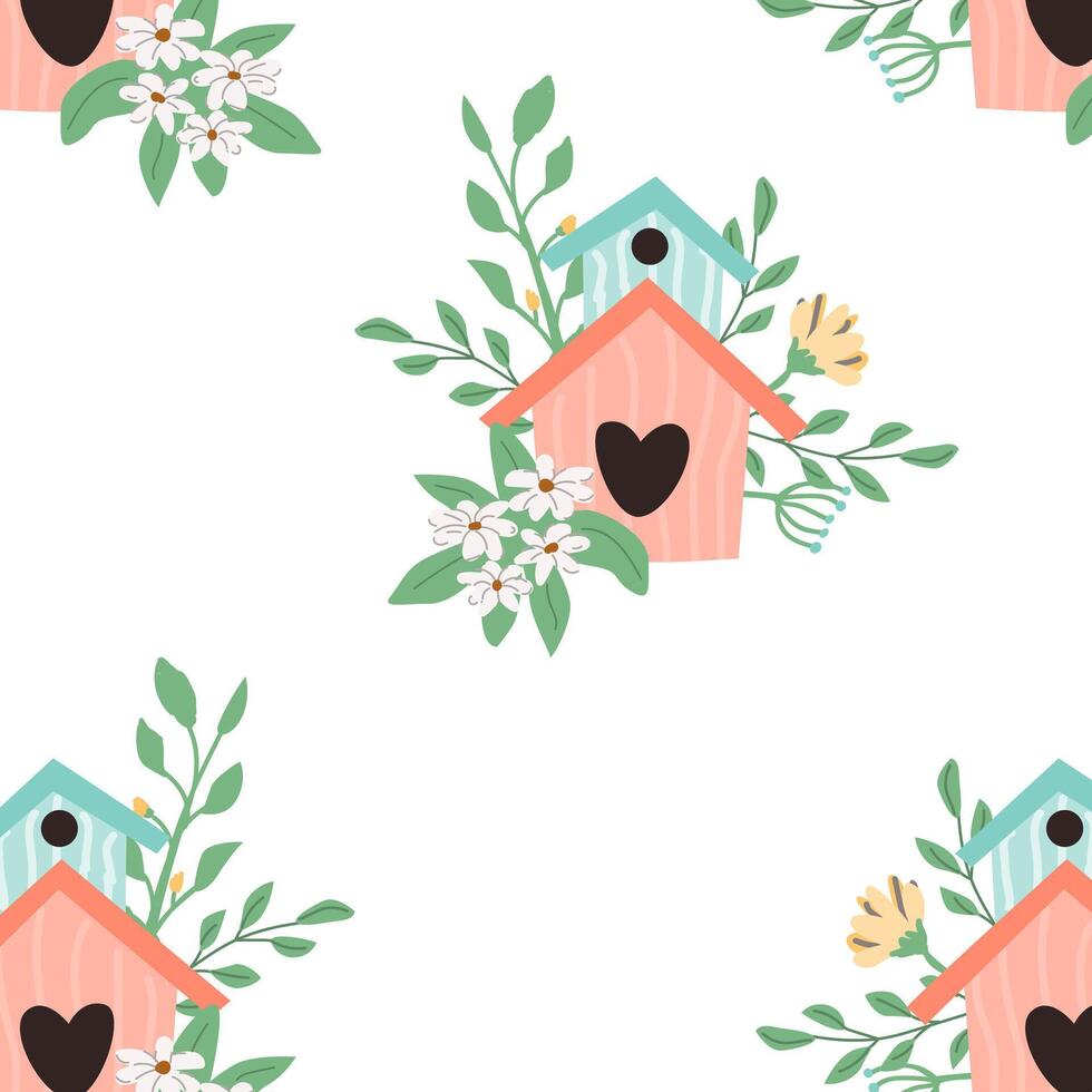 cute pink romantic birdhouse with floral branch pattern. Vector illustration can used for wrapping paper, cover for notebook.
