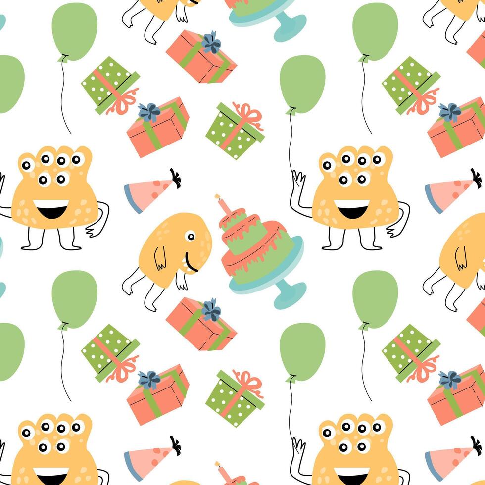 Celebration seamless pattern with kids monsters and cakes vector