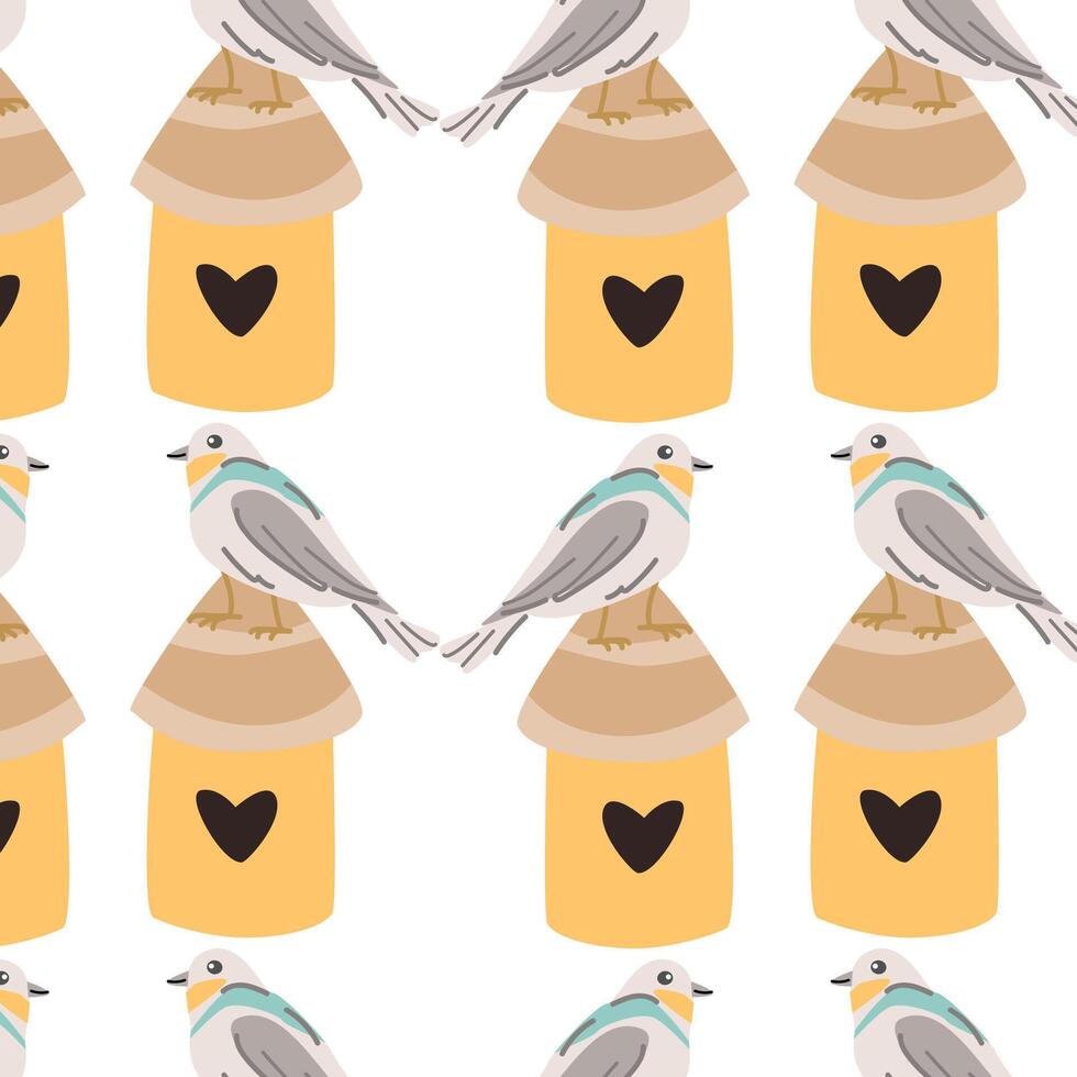 Hand drawn cute birds and birdhouse pattern with floral elements. Vector illustration isolated. Can used for wrapping paper, textile, clothes. greeting card, wallpapers.