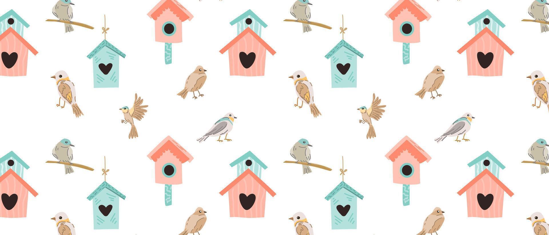 Hand drawn spring birds and birdhouse pattern with floral elements and birds. Vector illustration isolated. Can used for wrapping paper, textile, clothes. greeting card, wallpapers.