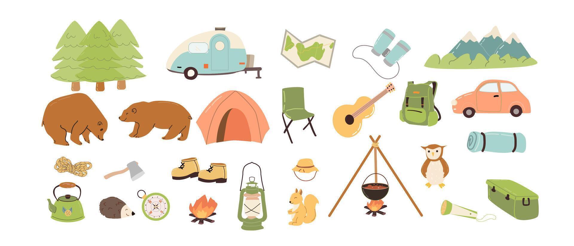 Hand drawn set of camp equipment with nature elements. Vector illustration can used for camp banner, greeting card, stickers.