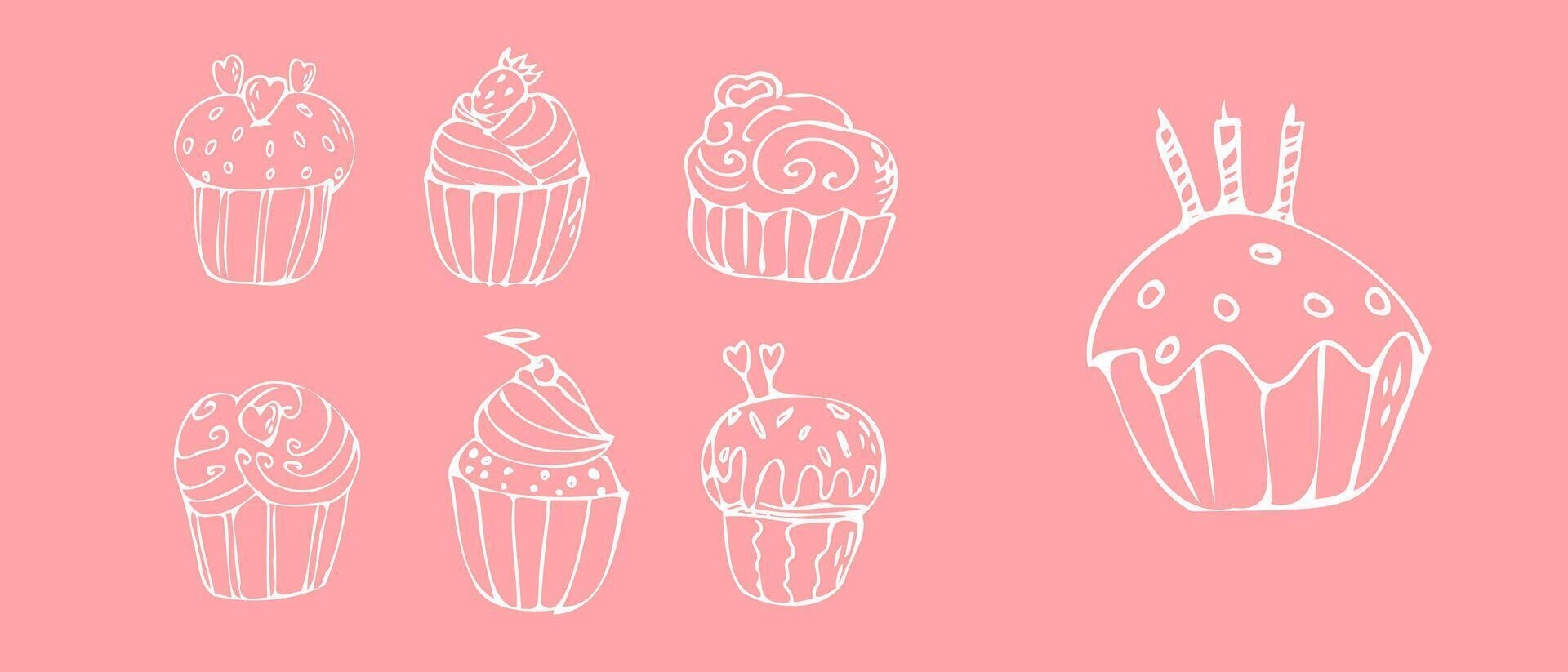 Doodle cupcakes with cream - sweet food on pink background. Vector illustration can used for bakery background, invitation card, poster, textile, banner, greeting card, invitation card, bakery design