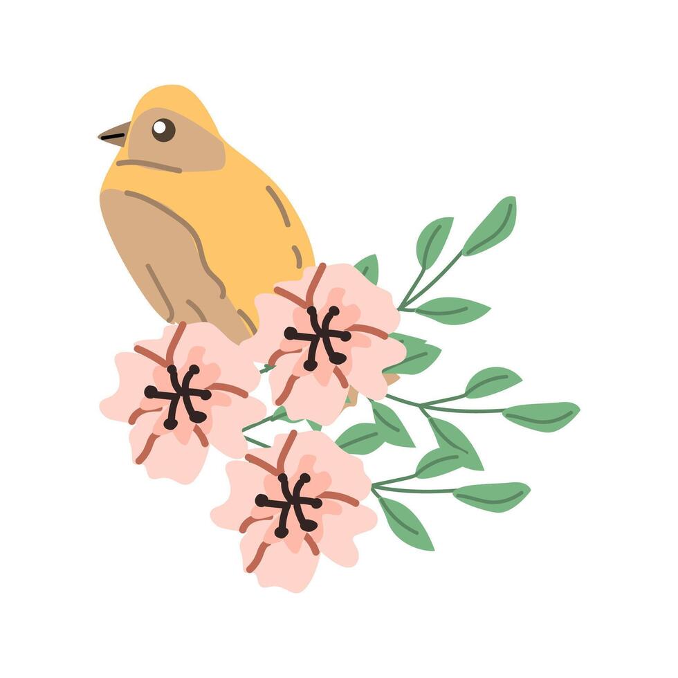 spring bird in branch and flowers for greeting card, cover design. Vector illustration isolated. Can used for wallpaper, poster, print design for cloth.