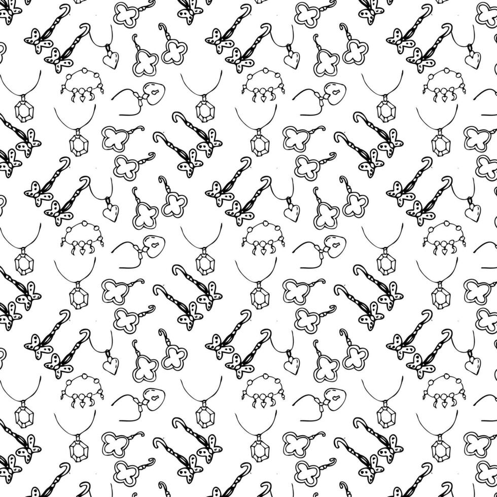 Seamless pattern of sketches various female jewerly with diamond and pearl. Vector illustration isolated. Can used for textile, wrapping paper, cover design, beauty background.