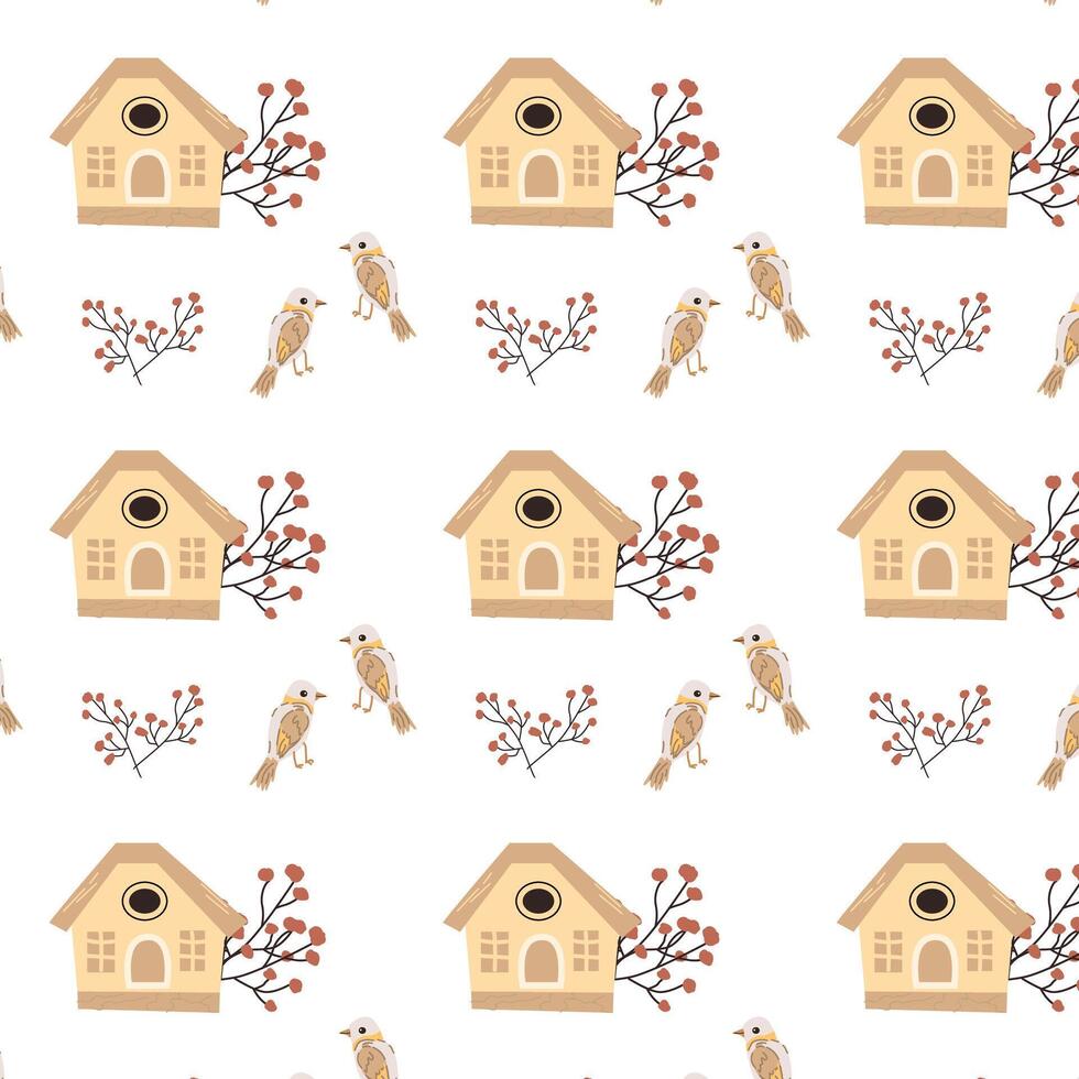 Hand drawn birds and birdhouse pattern with floral elements. Vector illustration isolated. Can used for wrapping paper, textile, clothes. greeting card, wallpapers.