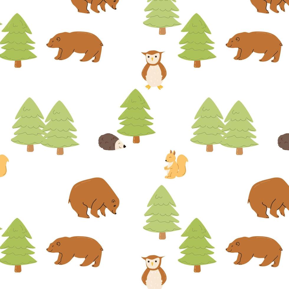 woodland animals in forest summer kids pattern. Vector illustration can used for wrapping paper, wallpaper, decoration poster. Bear, squirell, hedgehog and owl animals with christmas tree