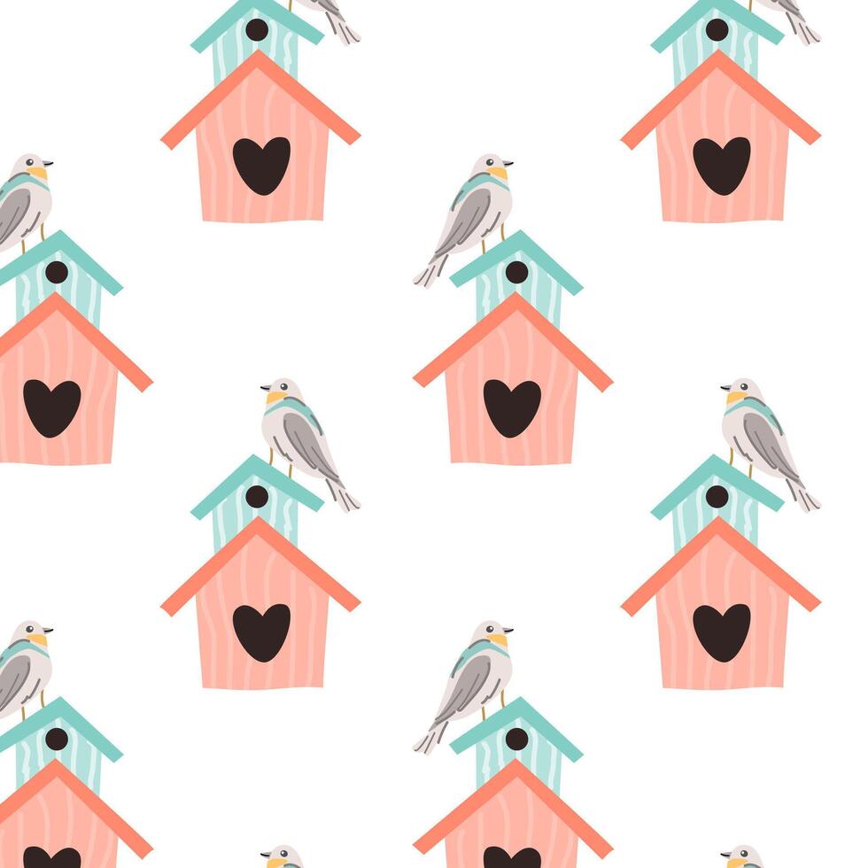 Hand drawn spring birds and birdhouse pattern. Vector illustration isolated. Can used for wrapping paper, textile, clothes. greeting card, wallpapers.