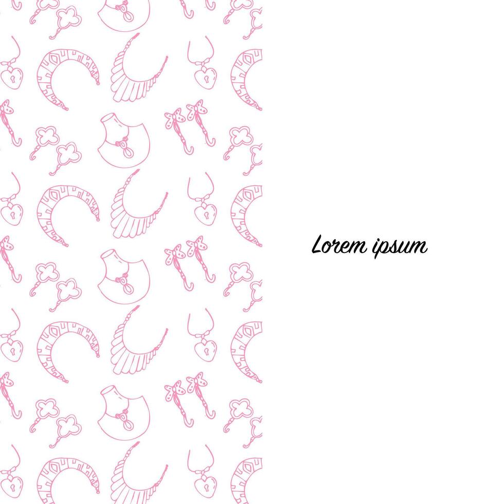 Seamless pattern of Hand drawn pink various female jewerly. Vector illustration isolated. Can used for textile, wrapping paper, cover design, beauty background.