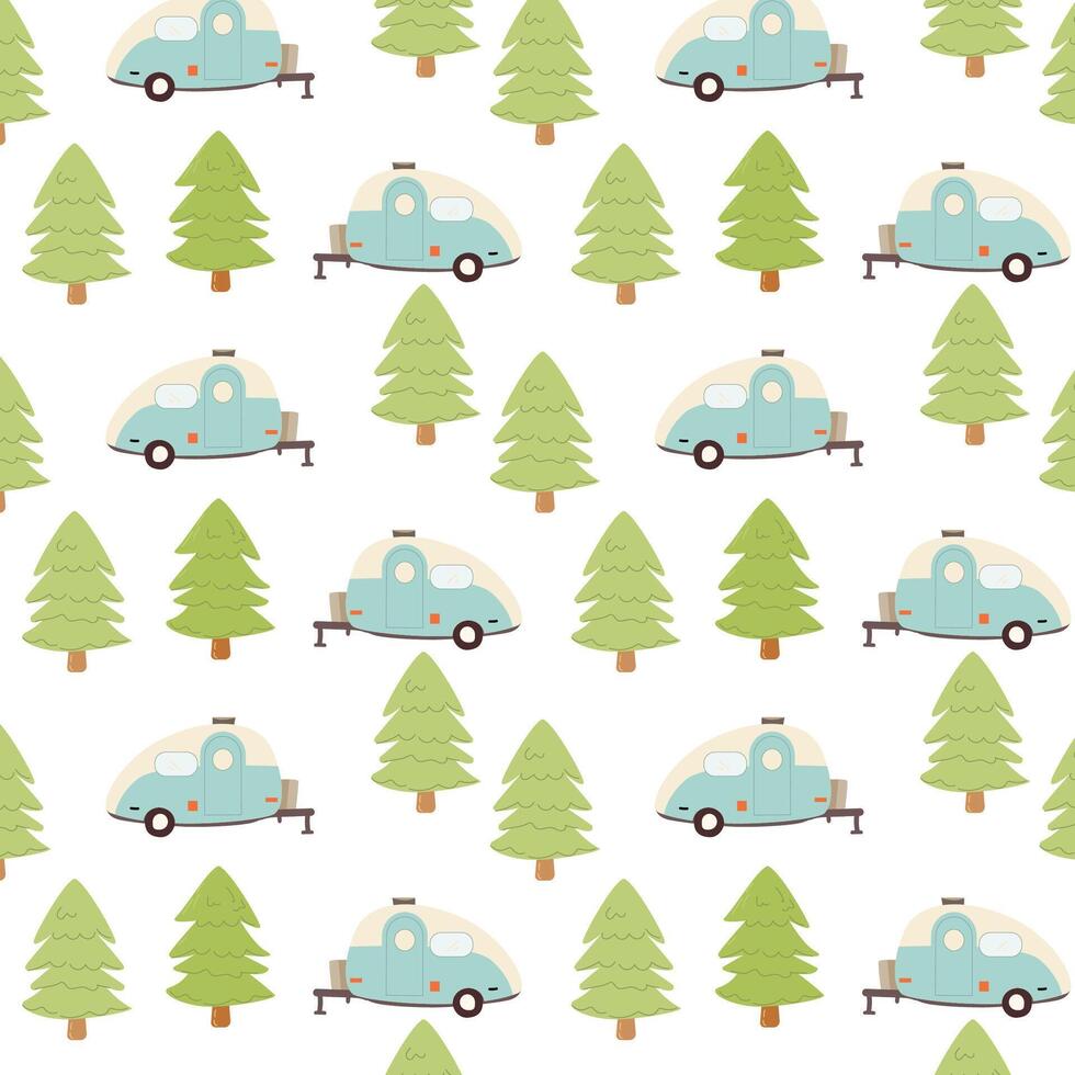 Hand drawn forest and trailer - camping childish background. Vector illustration can used for wallpaper, poster, print for clothes, bedclothes, textile for kids room. Cartoon style.