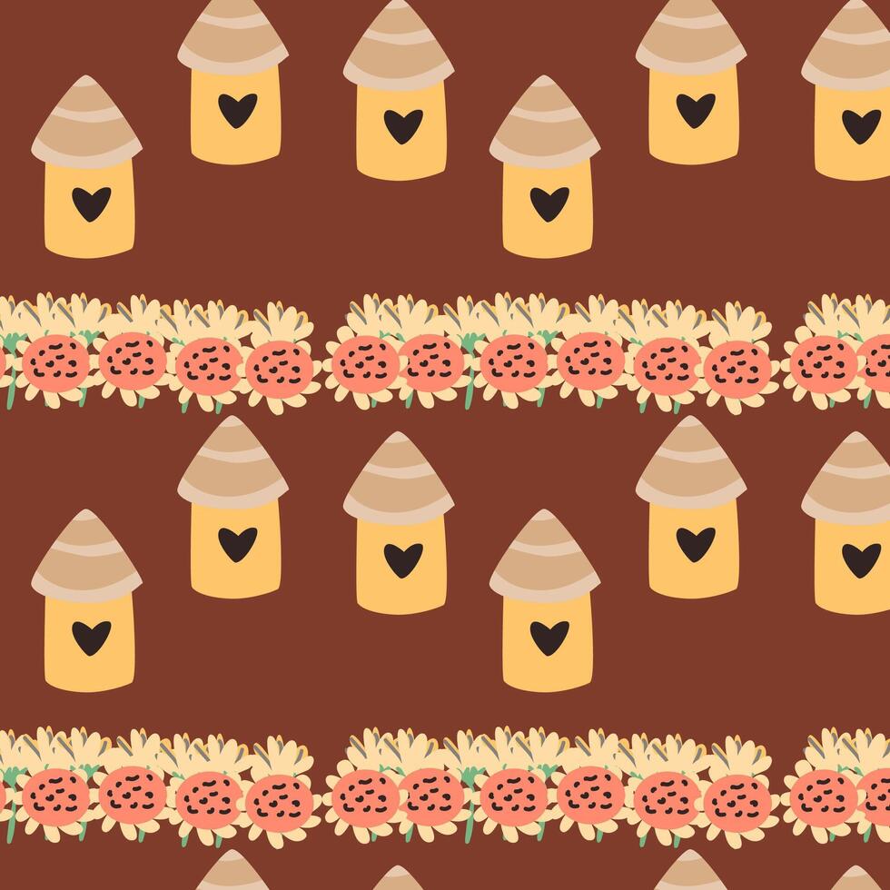 autumn red pattern with bird houses and sunflowers. Vector illustration isolated. Can used for wrapping paper, textile, greeting card, celebration design