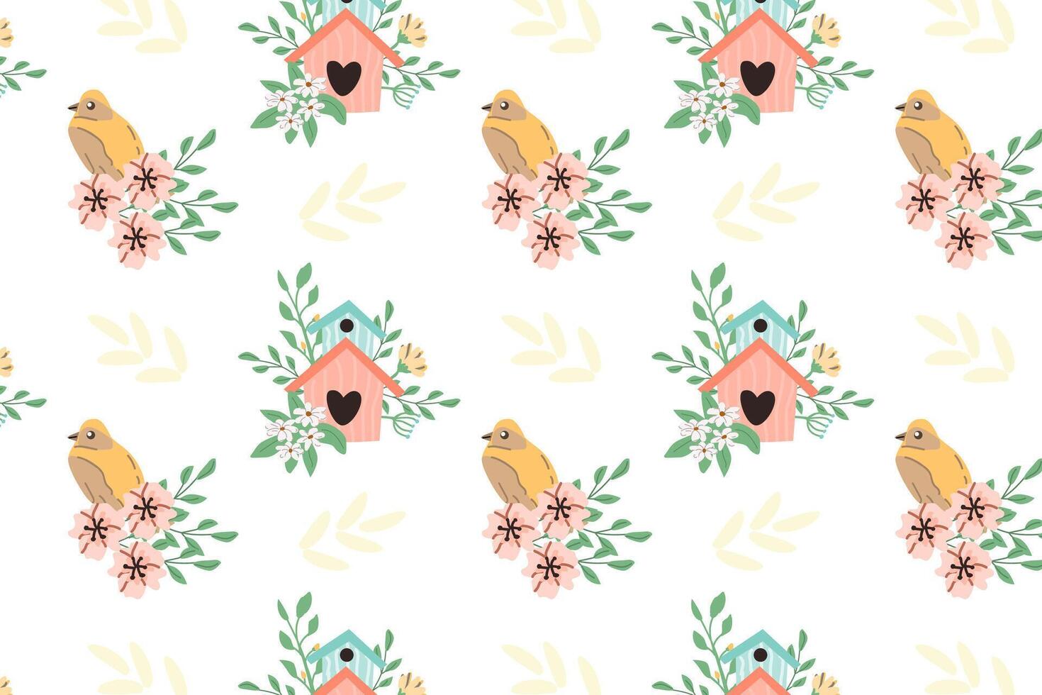 Hand drawn spring birds and birdhouse pattern with flowers. Vector illustration isolated. Can used for wrapping paper, textile, clothes. greeting card, wallpapers.