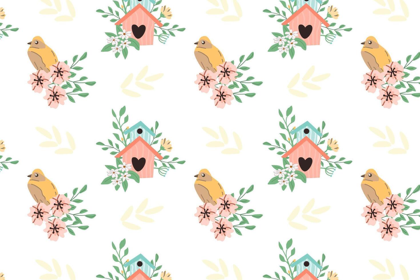 mano dibujado primavera aves y pajarera modelo con flores vector ilustración aislado. lata usado para envase papel, textil, ropa. saludo tarjeta, fondos de pantalla