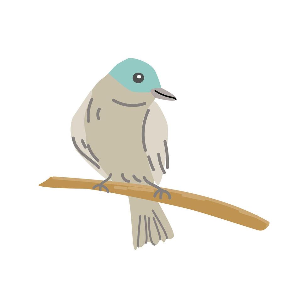 Spring bird with blue head. Vector cartoon illustration in childish style. Can used for greeting card, banner and poster, sticker.