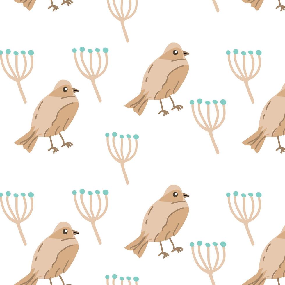 Autumn bird with floral elements - seamless pattern. Vector illustration can use for wallpaper, poster, print.