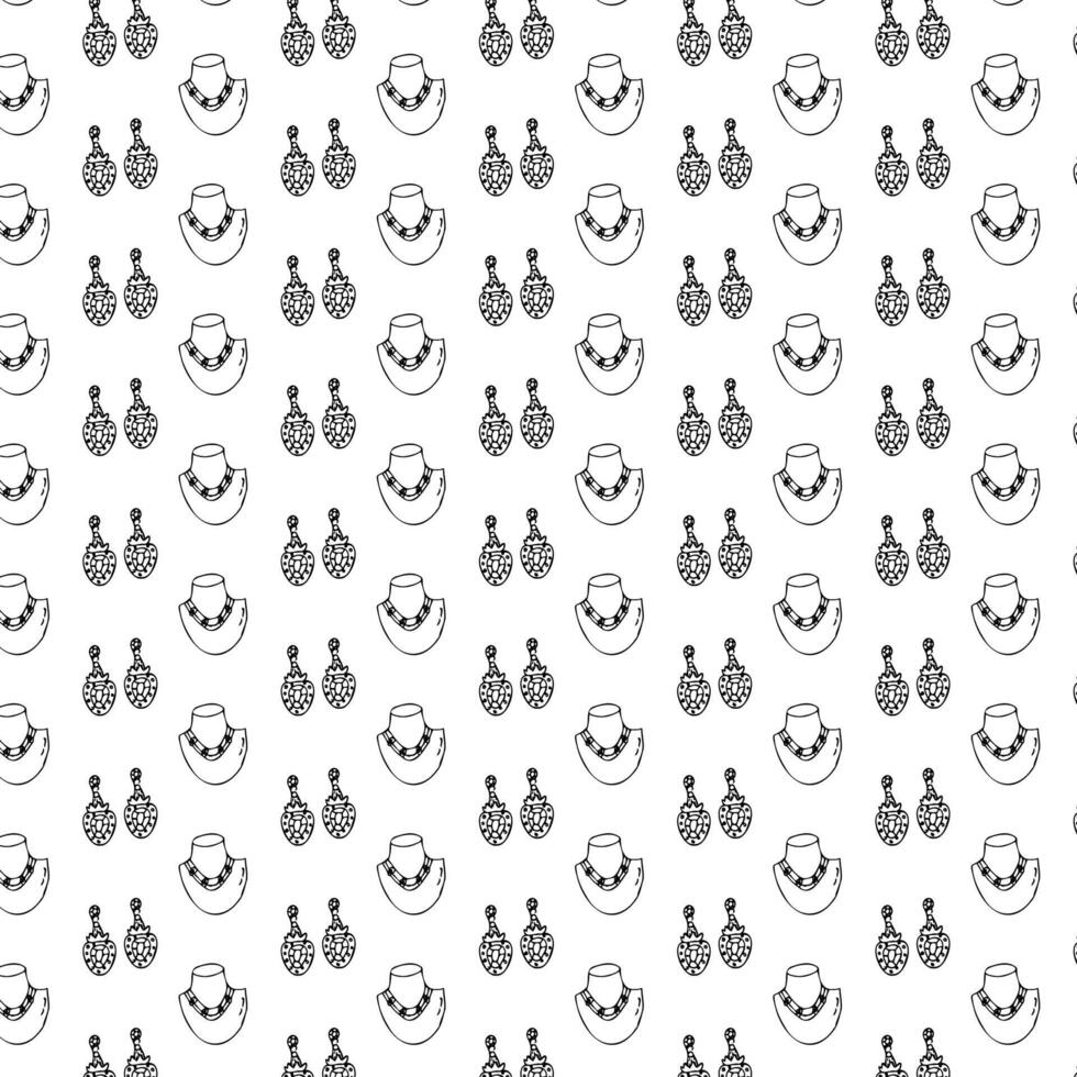 Seamless pattern of sketches various female jewerly. Vector illustration isolated. Can used for textile, wrapping paper, cover design, beauty background.