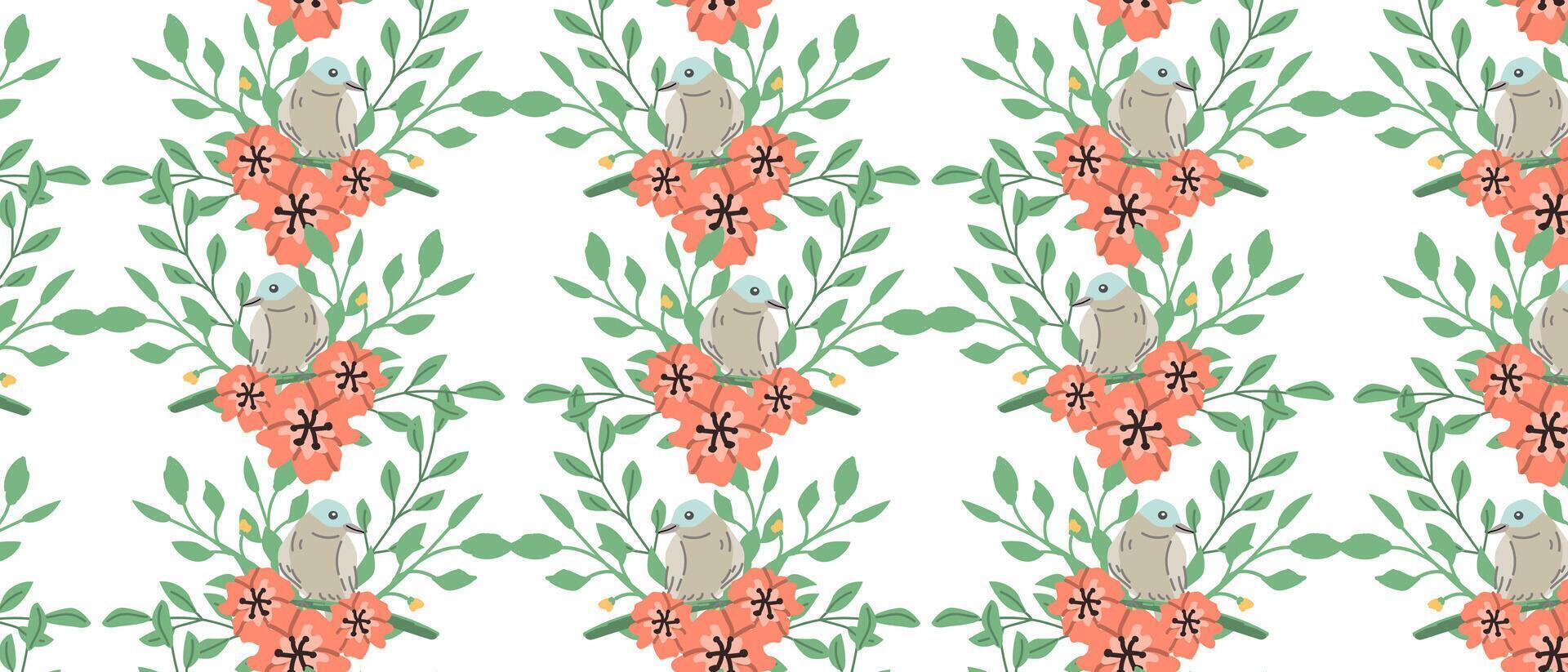 floral seamless pattern with bird ditsy pink flowers. Vector illustration in vintage style. Elegant design for textile, interior decoration. Pink daisy flowers and leaves and bird seamless background.