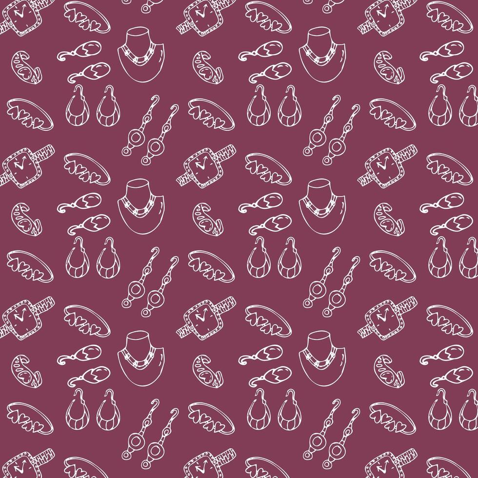 Seamless pattern of sketches various female jewerly, watch, necklace on dark red background. Vector illustration isolated. Can used for textile, wrapping paper, cover design, beauty background.