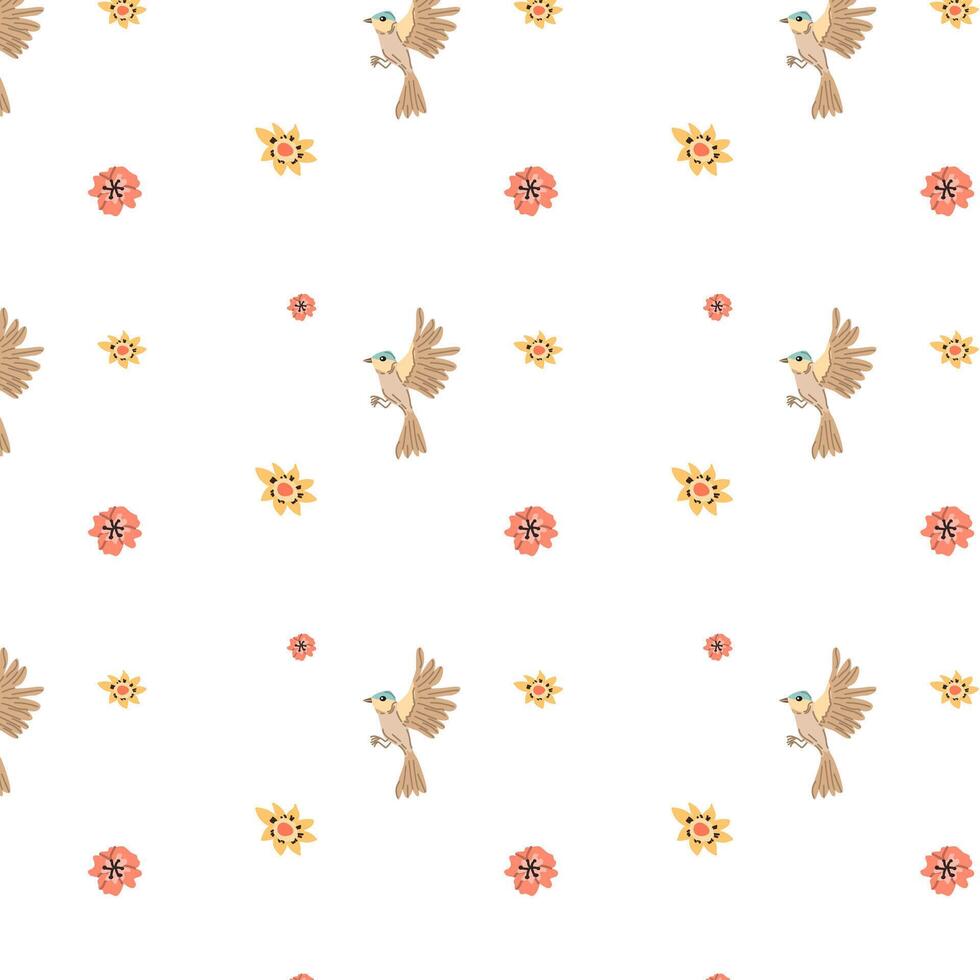 Adorable bird with flower - seamless pattern, minimalistic. Vector illustration can use for wallpaper, poster, print.