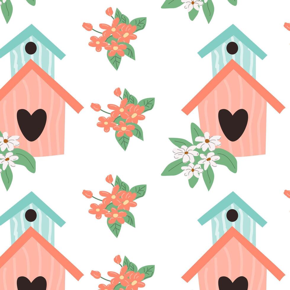 Cute pink birdhouse with heart and flowers. Vector illustration can used for textile, poster, greeting card, celebration banner.