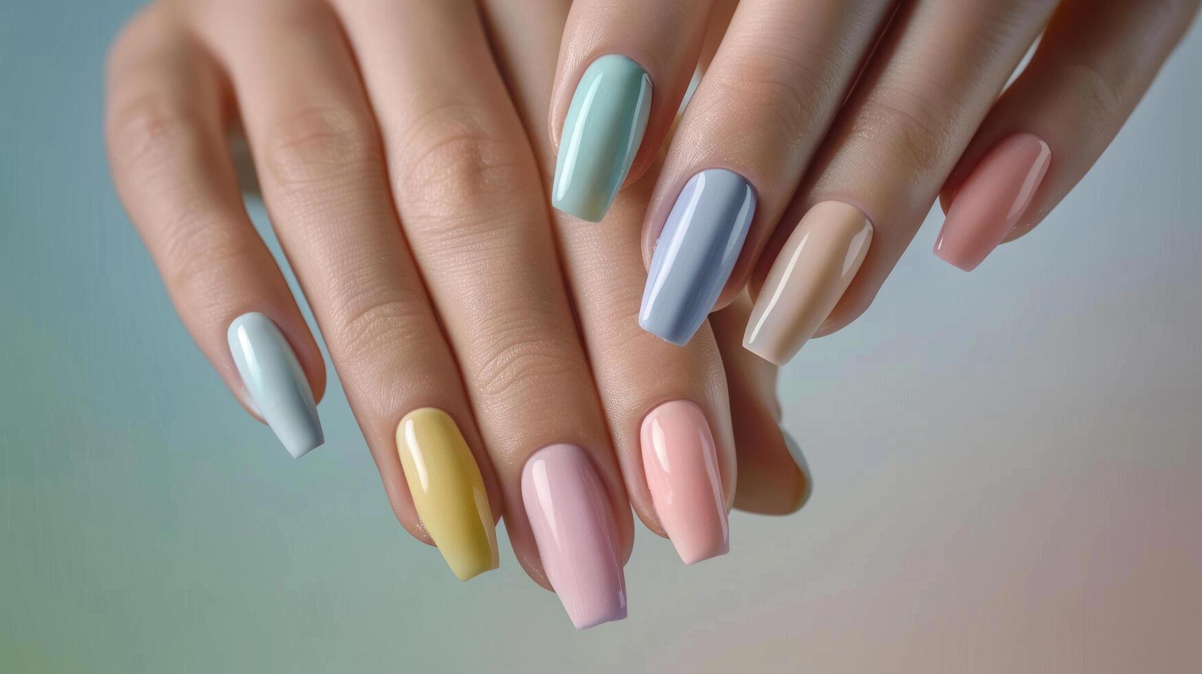 AI generated Delicate female hands with nails painted in soft pastel hues set against a pastel background photo