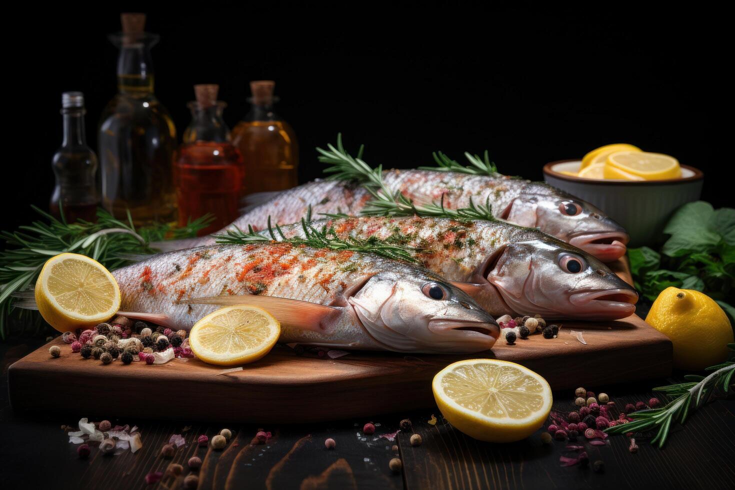 AI generated fresh fish in garlic and lemon on a board with spices on a dark background photo