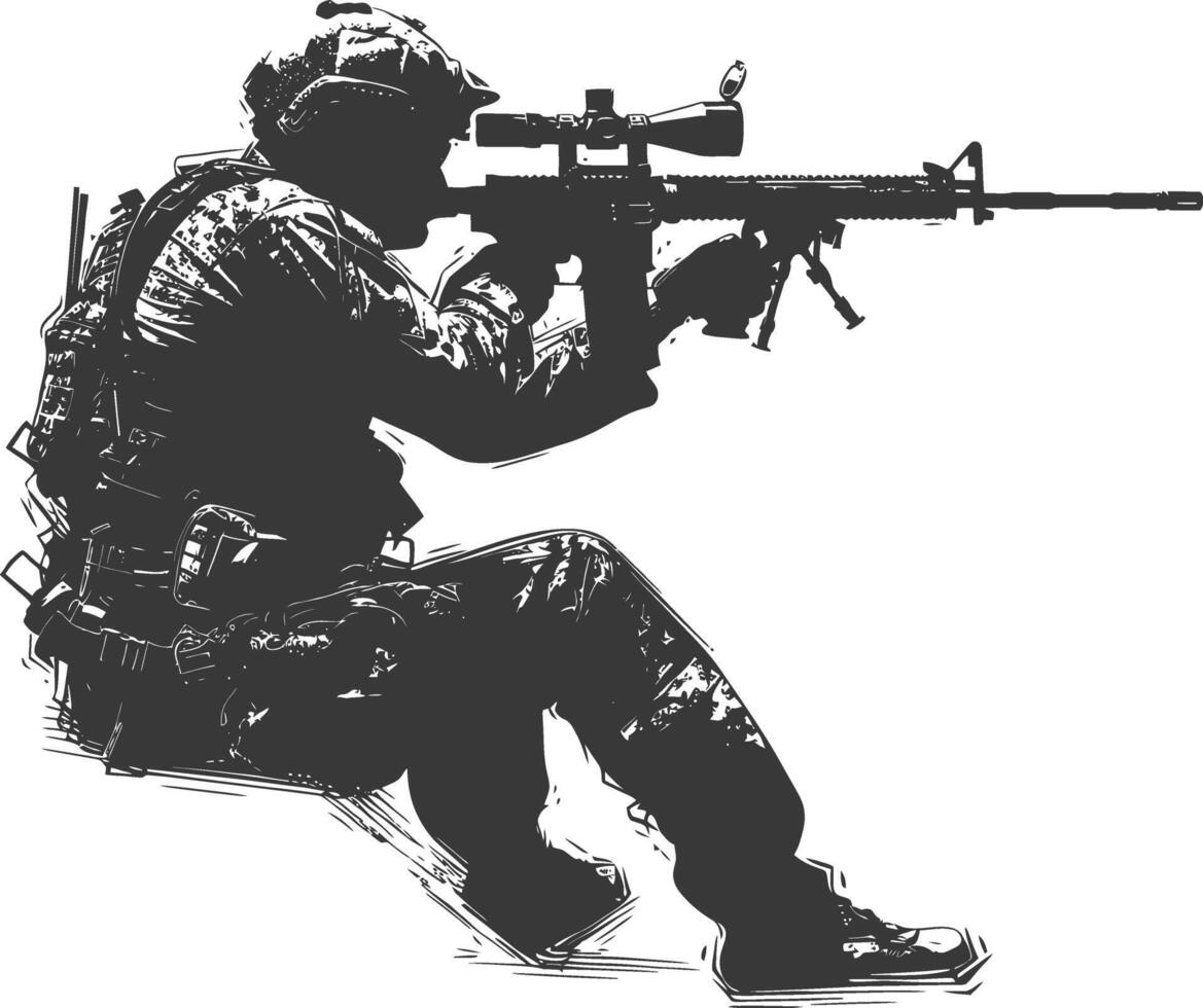 AI generated Silhouette sniper in action black color only full body vector