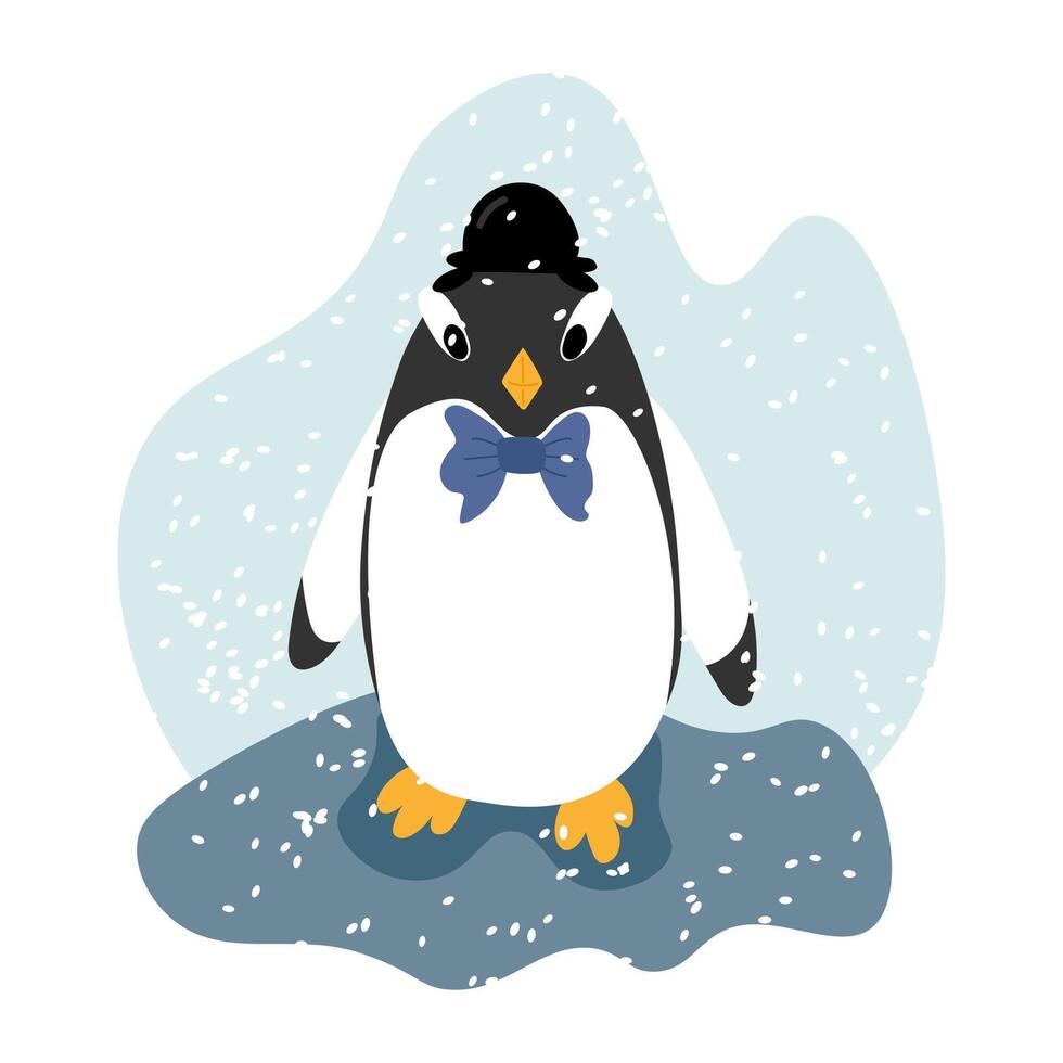 Vector illustration of a penguin in a black hat under snow on a blue background.