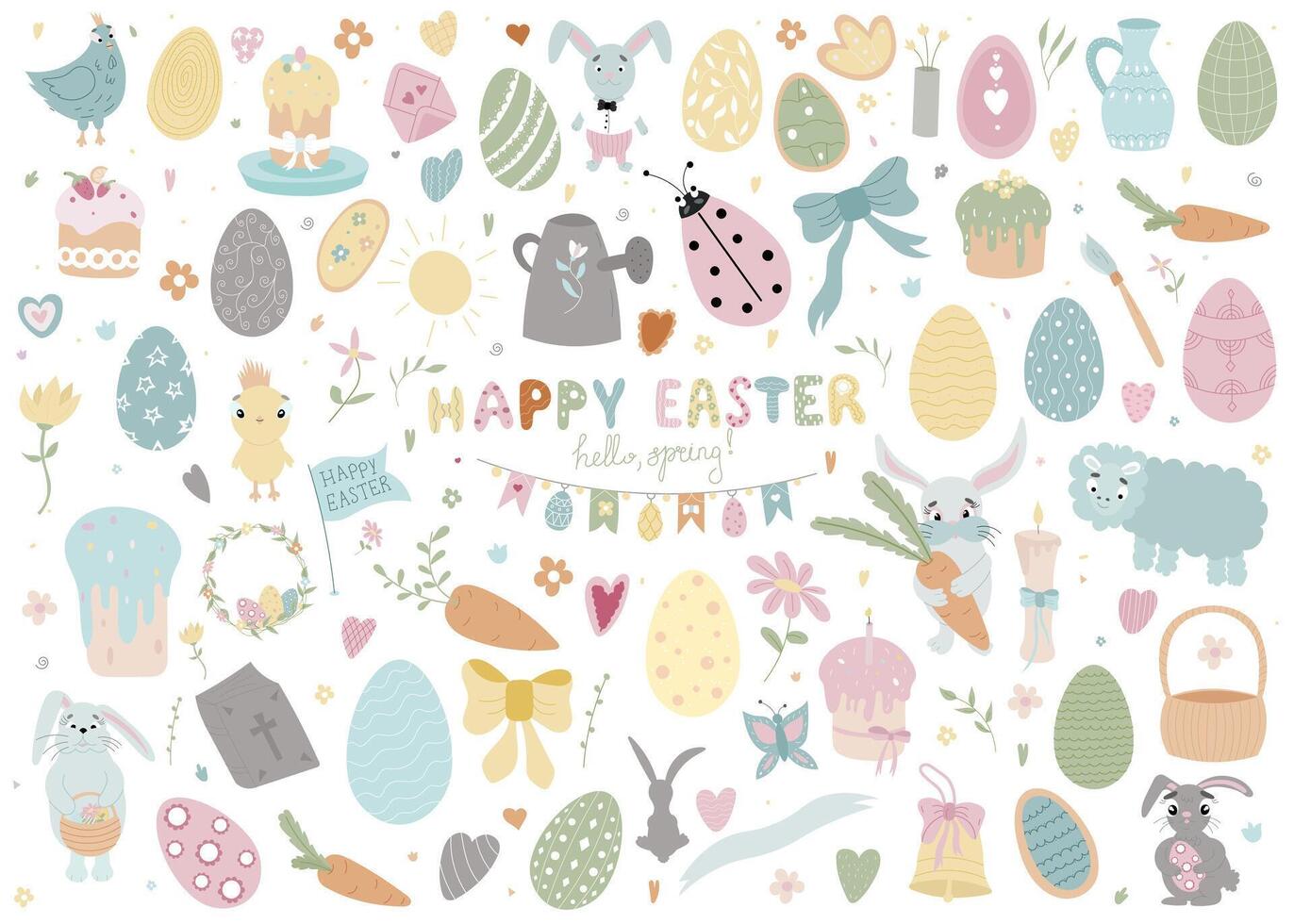 Happy Easter set. Easter bunny, butterflies, chick, eggs, branches and flowers. Vector illustration isolated on white background