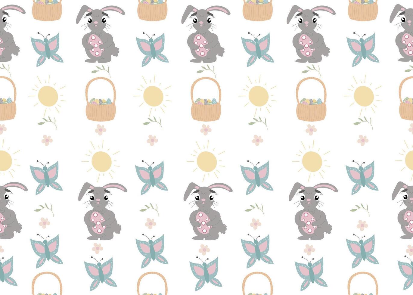 Easter pattern with Easter bunny, basket, butterflies on white background. vector