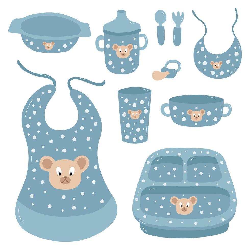 Children set of dishes. Vector set of blue polka dot color kids tools. Baby set. Vector clipart.