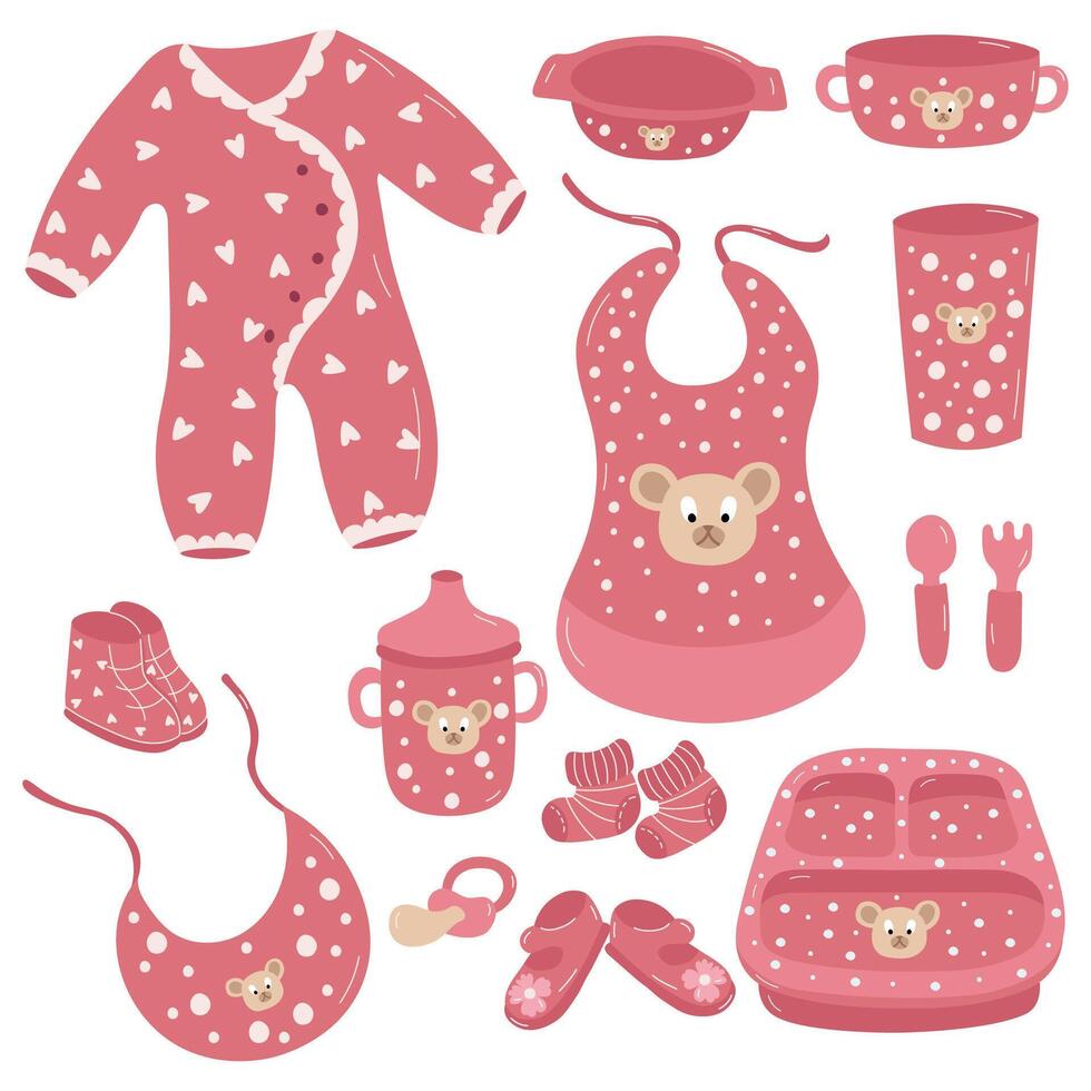Children set of dishes and clothes. Vector set of pink polka dot color kids tools. Baby set.