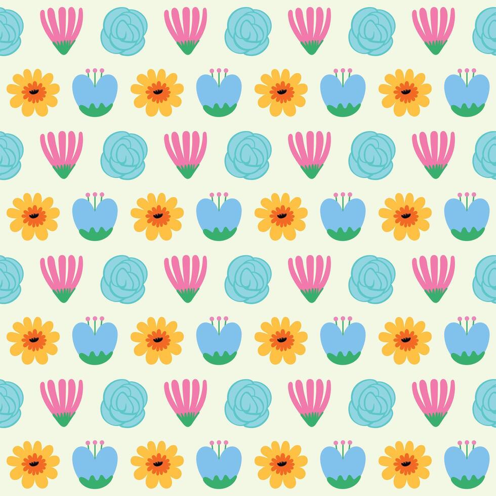 Cute hand drawn spring colorful flowers seamless pattern with floral for fabric textiles clothing wrapping paper cover banner home decor abstract backgrounds Vector illustration