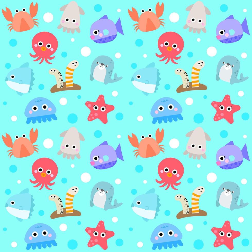 Cute underwater seamless pattern Sea animals Sea life background Kids fabric textile design endless pattern vector illustration