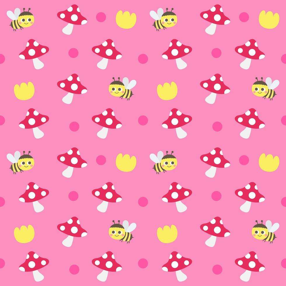 hello spring cute kids hand drawn mushroom tulip and bee symbol object vector illustration